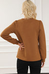 Brown Solid Color Quilted Puff Sleeve Pullover Sweatshirt-Tops-MomFashion