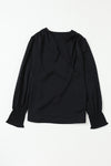 Black Solid Surplice Neck Shirred Cuffs Draped Blouse-Tops-MomFashion