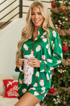 Green Christmas Santa Claus Print Satin Shirt and Shorts Set-Loungewear & Sleepwear/Sleepwear-MomFashion