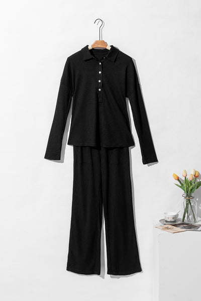 Black Ribbed Knit Collared Henley Top and Pants Lounge Outfit-Loungewear-MomFashion