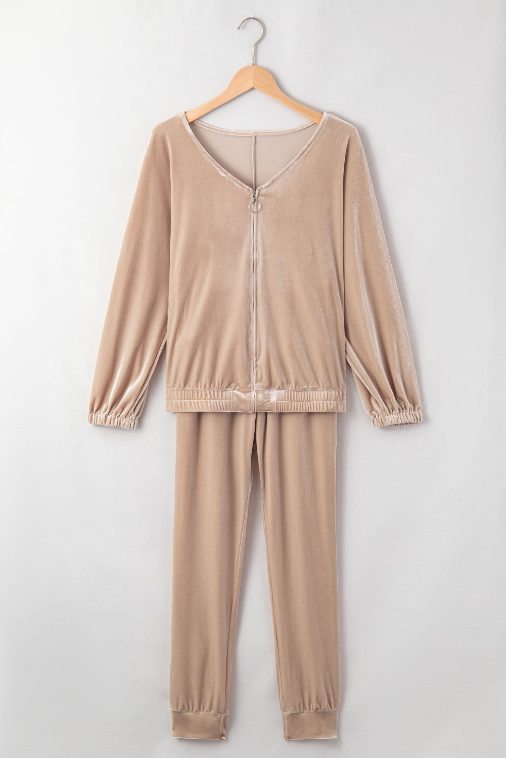 Parchment Velvet Zipped Top and Joggers Two Piece Set-Loungewear-MomFashion