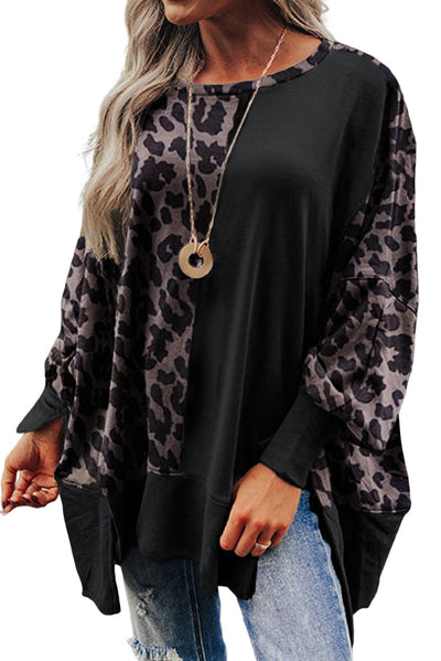 Black Leopard Patchwork Bishop Sleeve Slit Sweatshirt-Tops-MomFashion