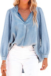 Sky Blue Split V-Neck Balloon Sleeve Ruched Denim Top-Tops-MomFashion