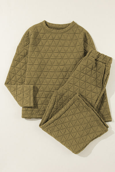 Sage Green Solid Quilted Pullover and Pants Outfit-Loungewear-MomFashion