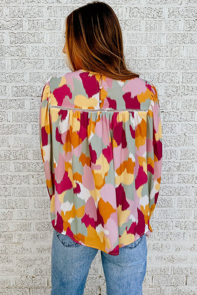 Multicolor Abstract Printed Long Sleeve Blouse-Tops-MomFashion