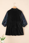 Black Sequin Puff Sleeve Buttoned Velvet Peplum Shirt-Tops-MomFashion