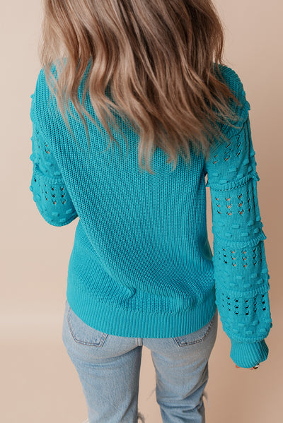 Turquoise Ruffled Eyelet Bubble Sleeve Sweater-Sweaters & Cardigans/Sweaters-MomFashion