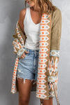 Khaki Aztec Print Open Front Knitted Cardigan-Tops-MomFashion