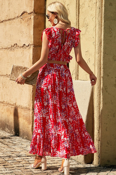 Fiery Red Multicolor Floral Ruffled Crop Top and Maxi Skirt Set-Dresses-MomFashion