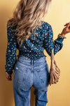 Blue Lace Trim V Neck Floral Smocked Long Sleeve Blouse-Tops-MomFashion