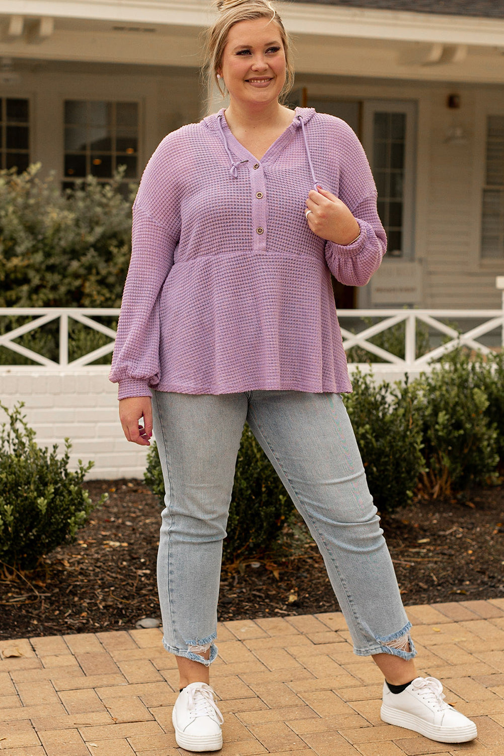 Plus Size Hooded Waffle Knit Top-Plus Size-MomFashion