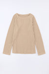 Khaki Ribbed Round Neck Knit Long Sleeve Top-Tops-MomFashion