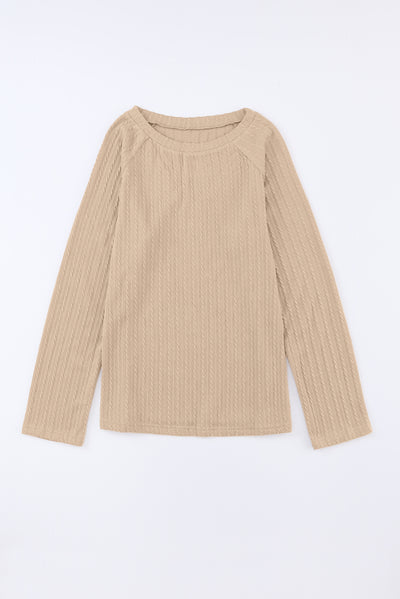 Khaki Ribbed Round Neck Knit Long Sleeve Top-Tops-MomFashion