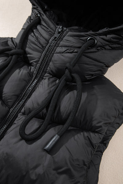 Black Sleek Quilted Puffer Hooded Vest Coat-Outerwear-MomFashion