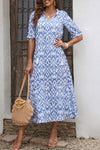 Sky Blue V Neck Casual Geometric Print Maxi Dress-Dresses-MomFashion