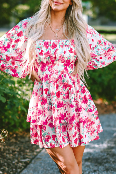 Pink Ruffle Tiered High Waist Puff Sleeve Floral Dress-Dresses-MomFashion