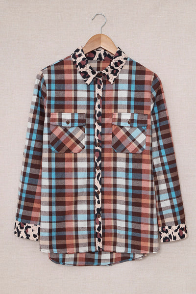 Multicolor Plaid Print Leopard Trim Shirt Jacket-Outerwear-MomFashion