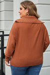 Brown Solid Ribbed Trim Plus Size Zip Collar Sweater-Plus Size-MomFashion