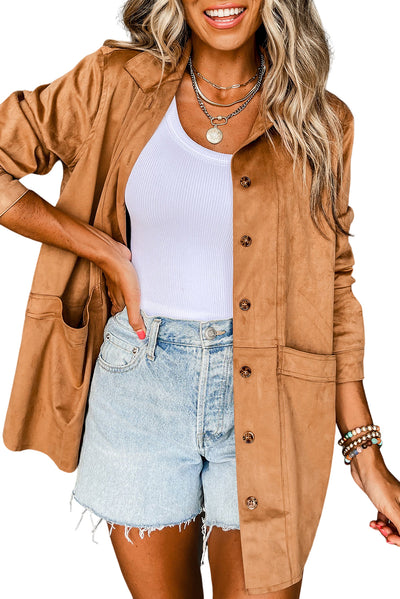 Camel Faux Suede Button Up Jacket-Outerwear-MomFashion