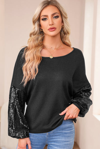 Black Sequin Patchwork Sleeve Open Back Waffle Knit Top-Tops-MomFashion