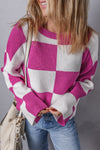 Bright Pink Checkered Round Neck Baggy Sweater-Tops-MomFashion