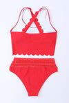 Red Scalloped Criss Cross High Waist Bikini-Swimwear-MomFashion