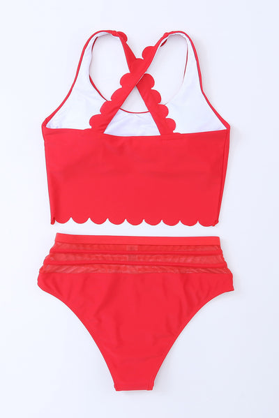 Red Scalloped Criss Cross High Waist Bikini-Swimwear-MomFashion