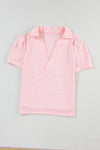 Pink Collared V Neck Puff Sleeve T-shirt-Tops-MomFashion