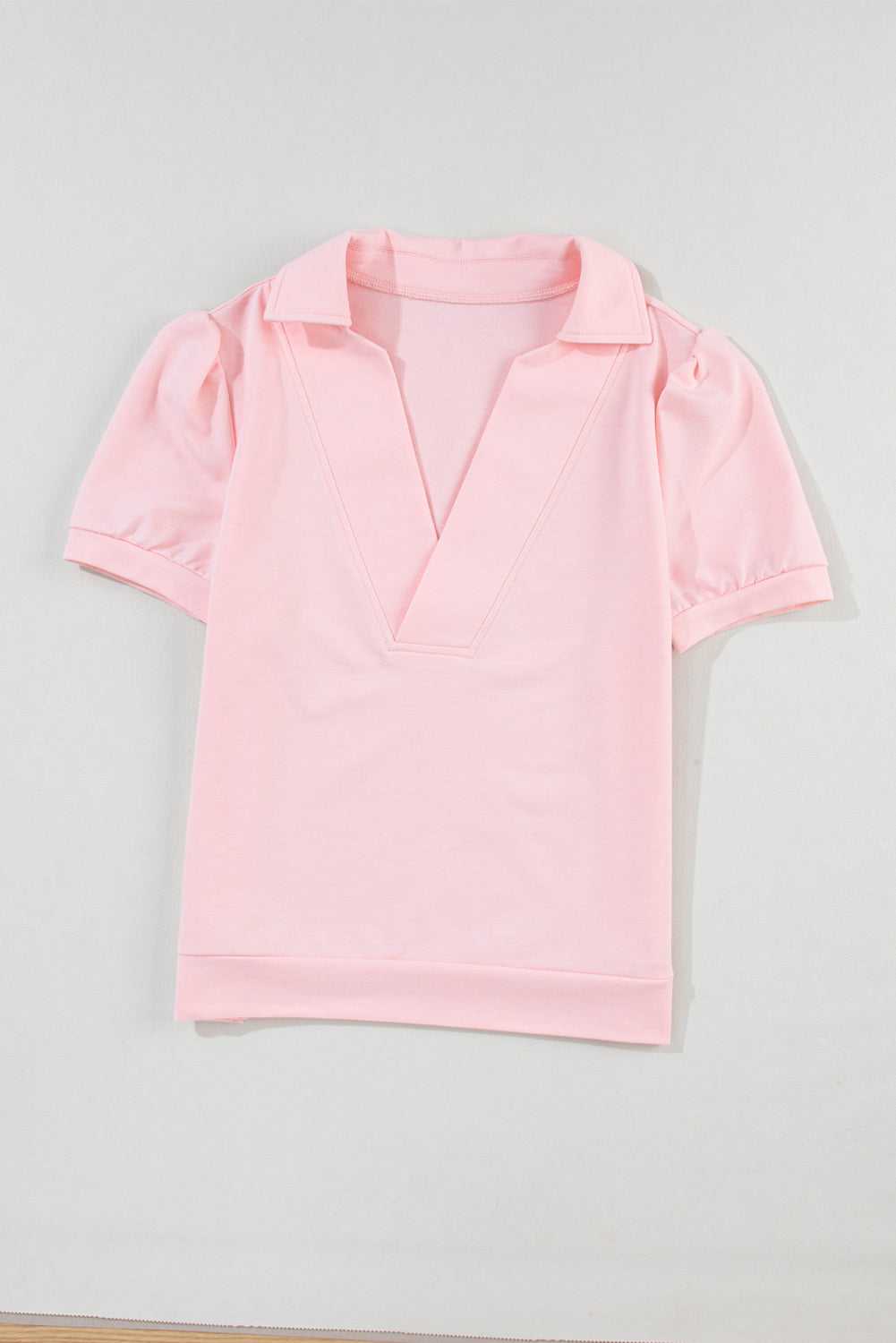 Pink Collared V Neck Puff Sleeve T-shirt-Tops-MomFashion