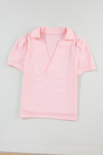 Pink Collared V Neck Puff Sleeve T-shirt-Tops-MomFashion