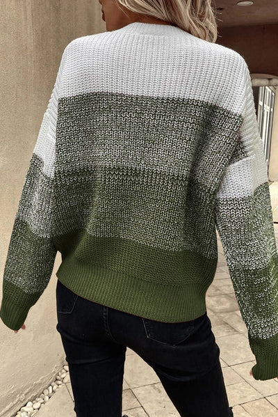 Pickle Green Color Block Drop Shoulder Ribbed Trim Sweater-Tops-MomFashion