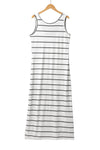 White Stripe Print Open Back Sleeveless Maxi Dress with Slits-Dresses-MomFashion