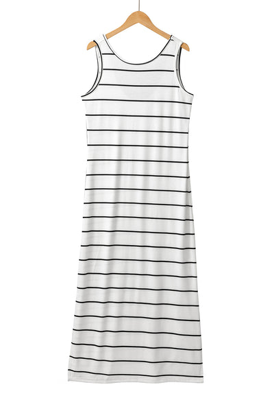 White Stripe Print Open Back Sleeveless Maxi Dress with Slits-Dresses-MomFashion