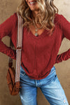 Red Sandalwood V Neck Center Seam Long Sleeve Tee-Tops-MomFashion