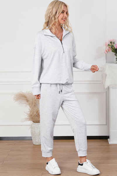 Gray Solid Half Zipped Drawstring High Waist Lounge Set-Loungewear-MomFashion