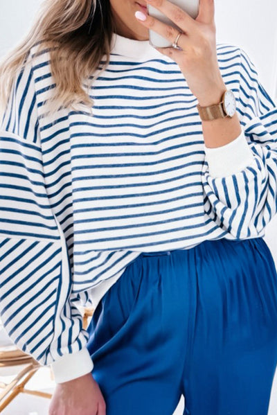 Blue Stripe Drop Shoulder Crew Neck Loose Sweatshirt-Tops/Sweatshirts & Hoodies-MomFashion