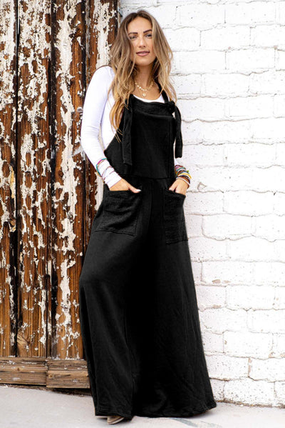 Black Knotted Straps Patch Pocket Wide Leg Jumpsuit-Bottoms-MomFashion