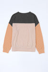 Black Color Block Long Sleeve Ribbed Loose Top-Tops-MomFashion