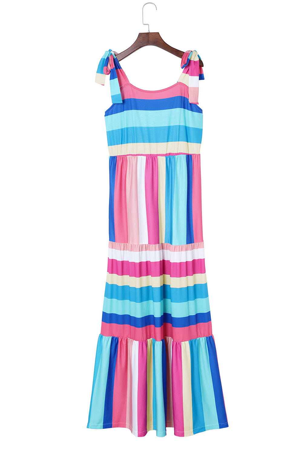 Multicolor Color Block Striped Bow Knot Straps Maxi Dress-Dresses-MomFashion
