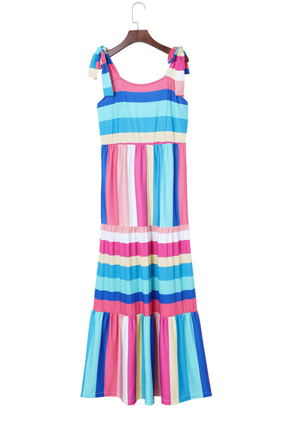 Multicolor Color Block Striped Bow Knot Straps Maxi Dress-Dresses-MomFashion