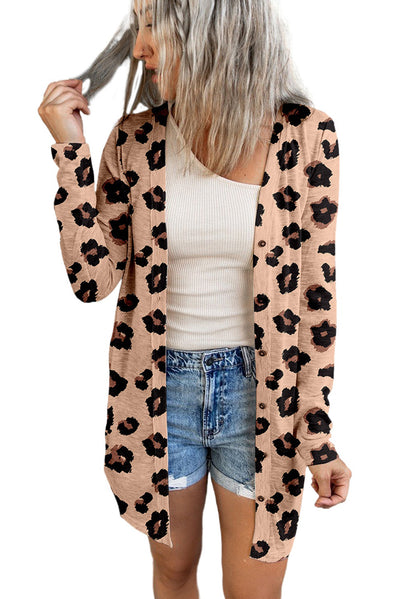 Leopard Printed Open Front Cardigan-Tops-MomFashion