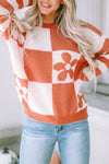 Brown Checkered Floral Print Striped Sleeve Sweater-Tops-MomFashion