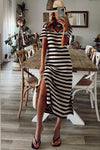 Black Stripe Print V Neck Maxi Dress with Side Splits-Dresses-MomFashion