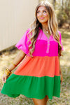 Multicolor Color Block Tiered Puff Sleeve Dress-Dresses-MomFashion