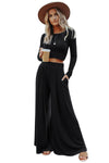 Black Solid Color Ribbed Crop Top Long Pants Set-Loungewear-MomFashion