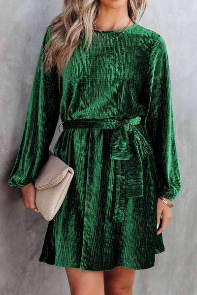 Green Tie Waist Crinkle Velvet Dress-Dresses-MomFashion