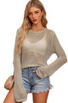 Khaki Hollow-out Knit Long Sleeve Top-Tops-MomFashion