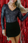 Black Sequin V Neck Zipped Long Sleeve Bodysuit-Tops-MomFashion