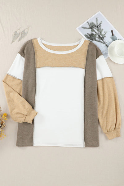 Khaki Exposed Seam Color Block Patchwork Top-Tops-MomFashion