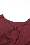 Burgundy Sequin Patchwork Sleeve Open Back Waffle Knit Top-Tops-MomFashion